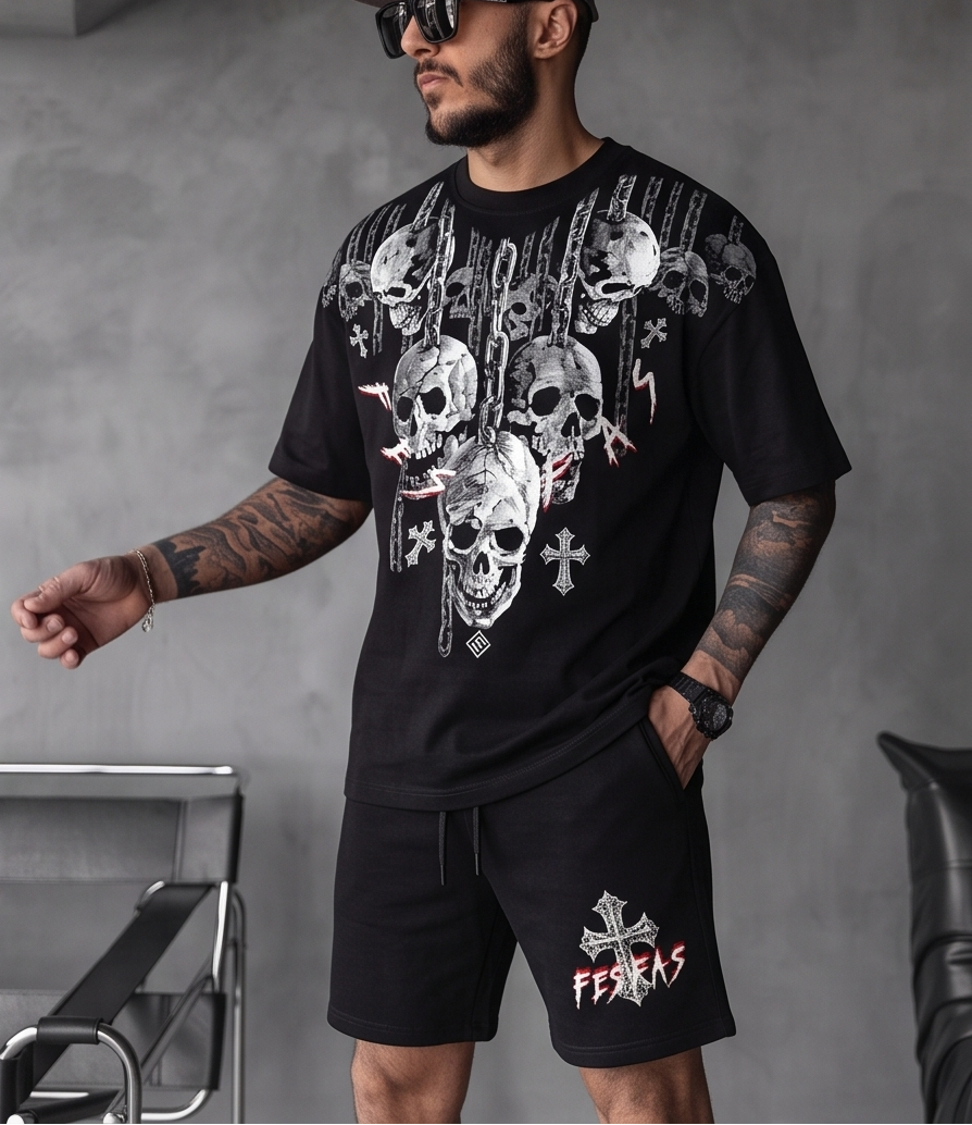 Bộ áo thun và quần short FesFas in hình đầu lâu