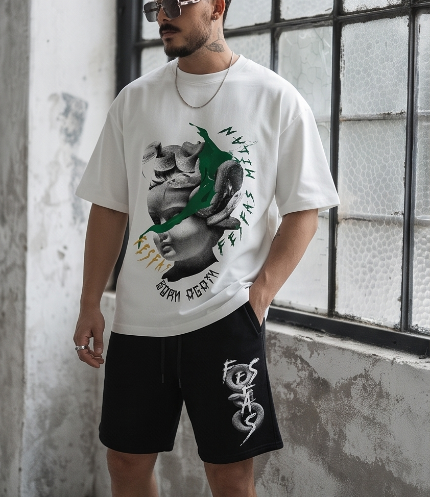 Bộ áo thun và quần short FesFas in hình tái sinh | Đen & Trắng