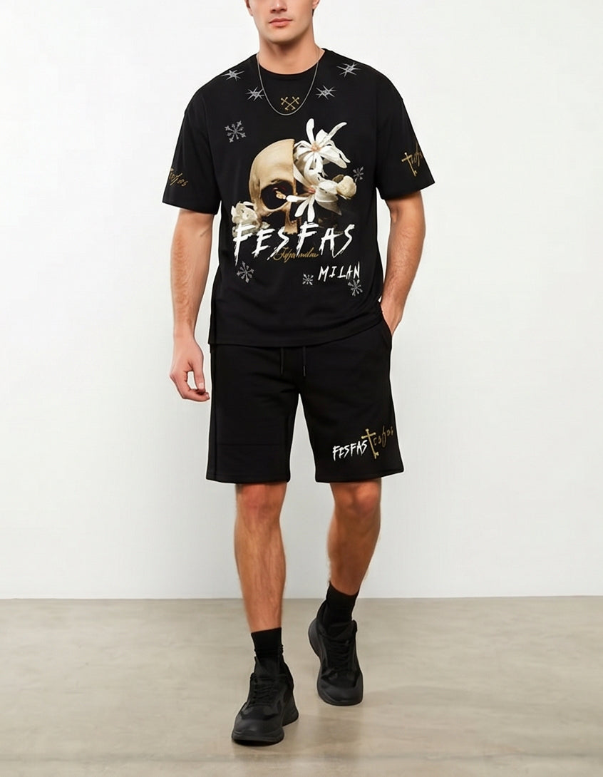 Bộ áo thun và quần short FesFas in hình hoa đầu lâu