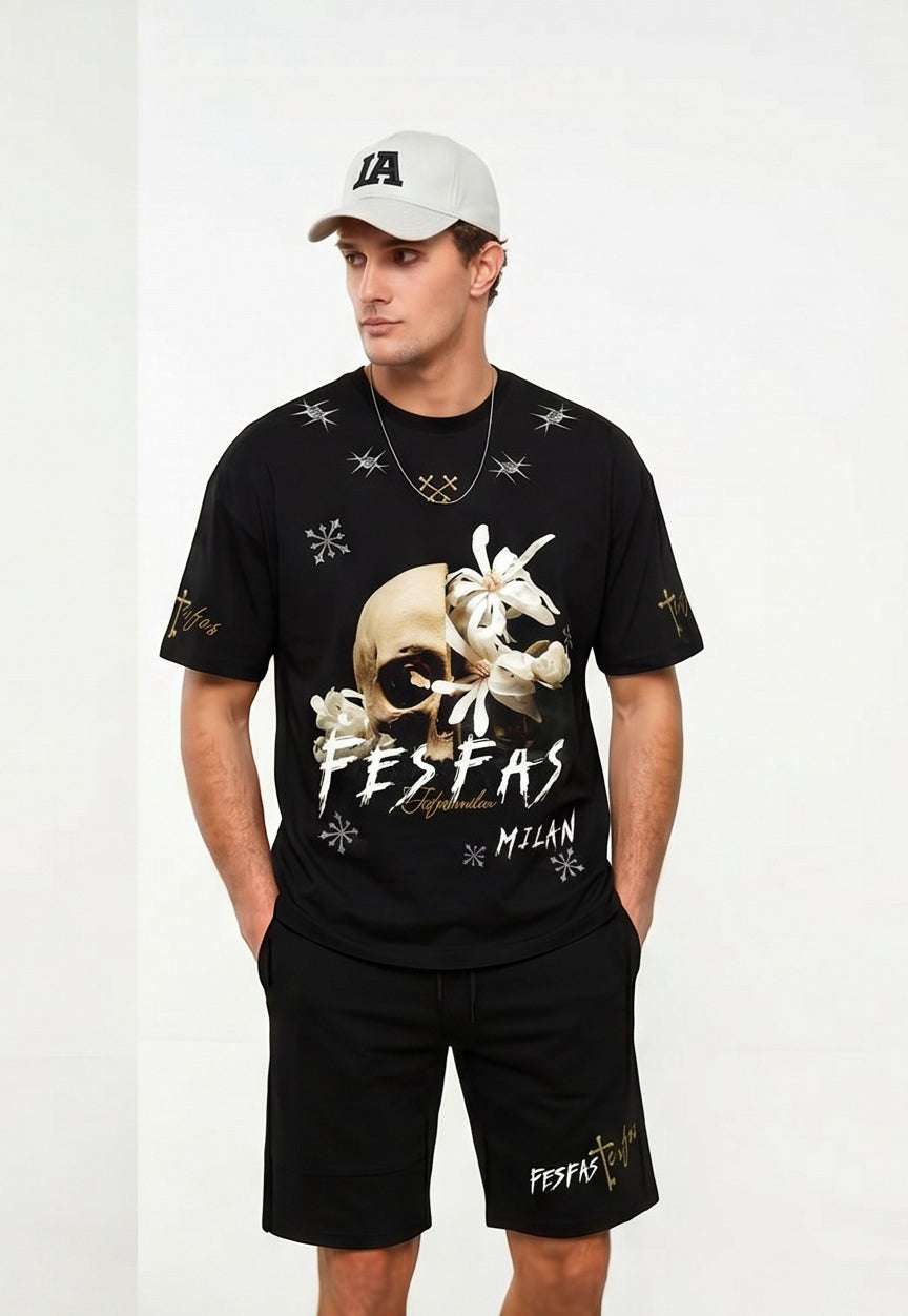 Bộ áo thun và quần short FesFas in hình hoa đầu lâu