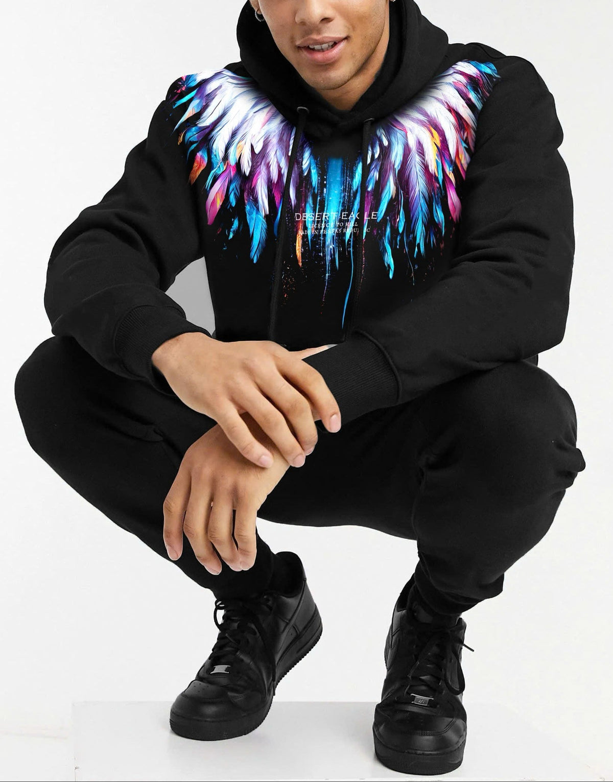 Bộ hoodie FesFas in hình lông vũ đa sắc
