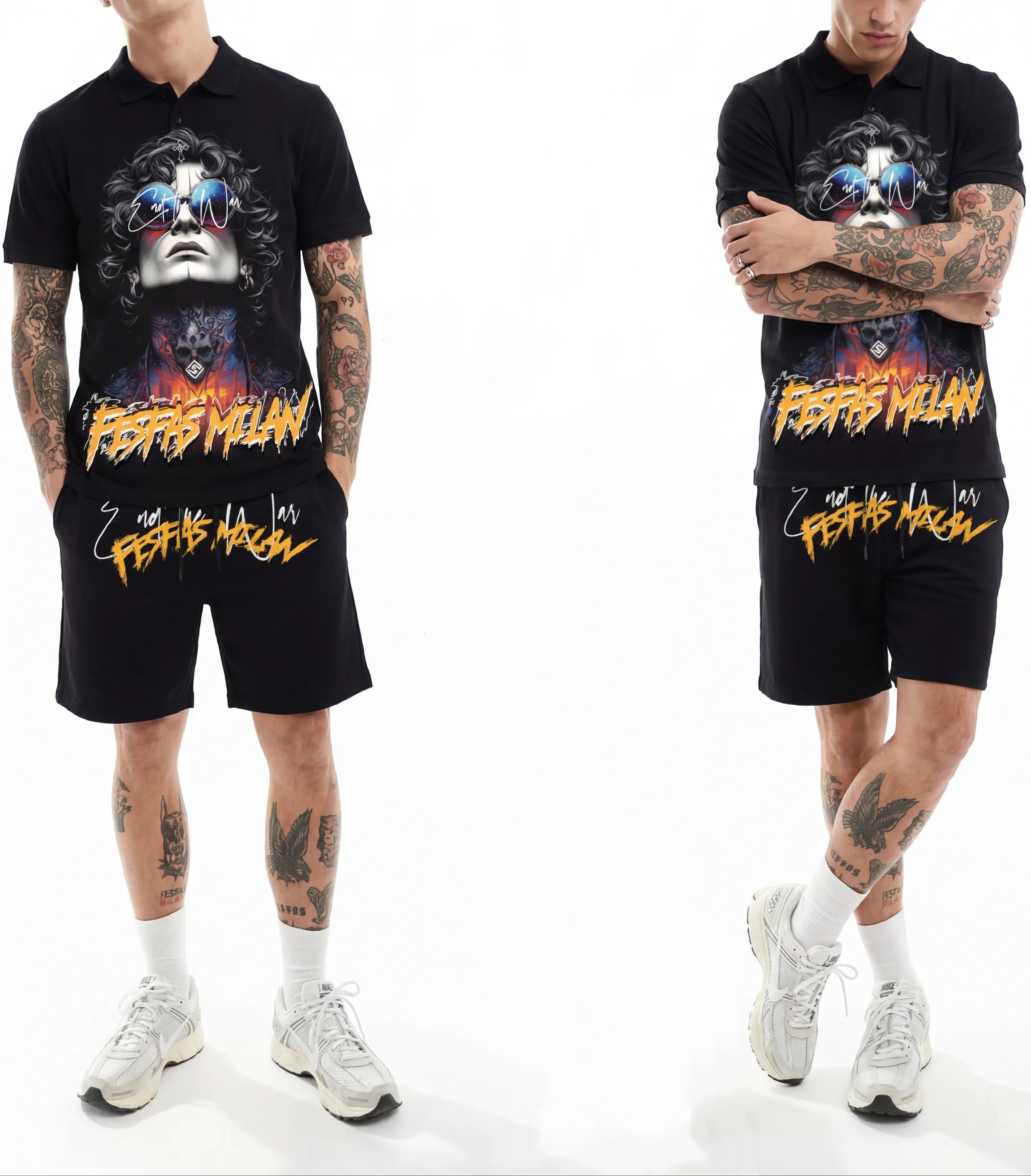 Bộ áo polo và quần short FesFas in hình người đàn ông xăm hình
