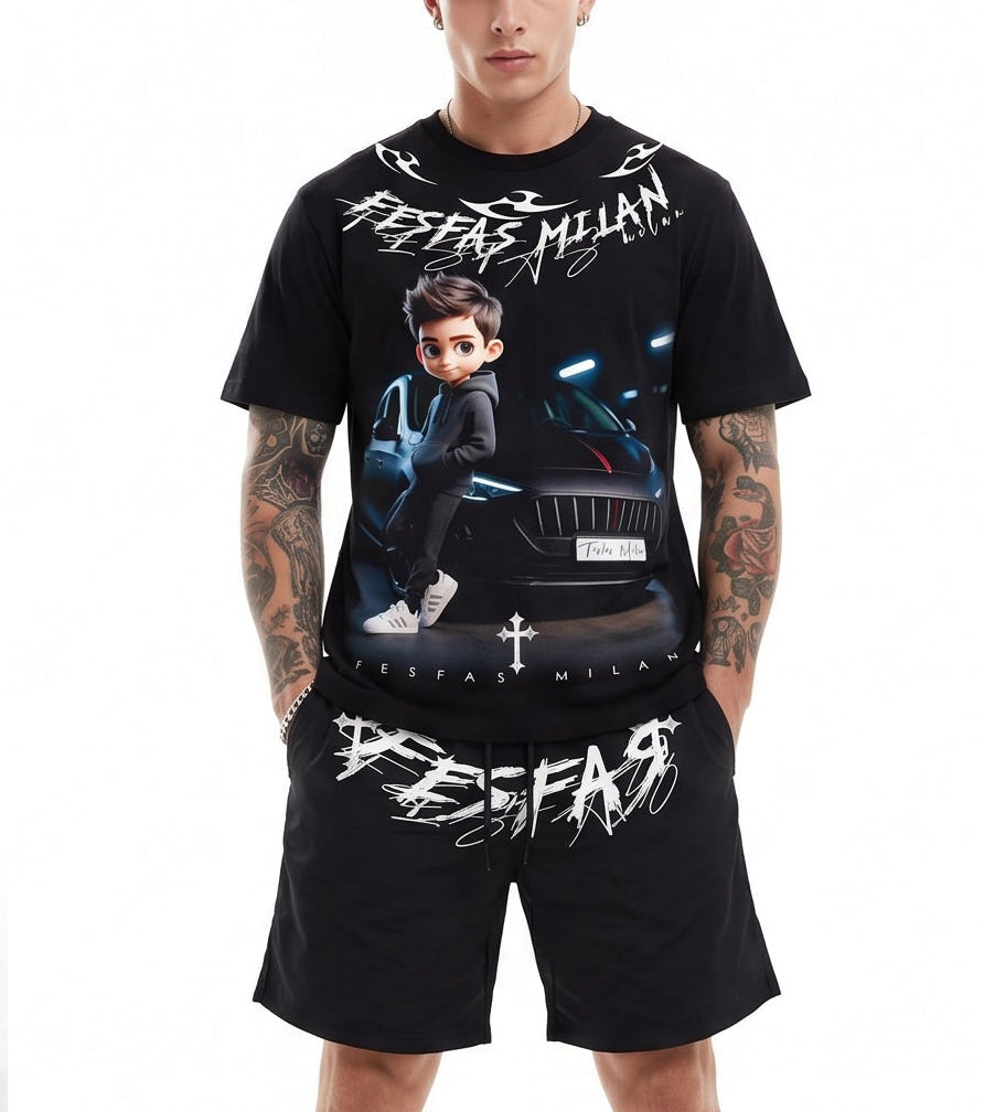 Bộ áo thun và quần short FesFas in hình chàng trai đua xe