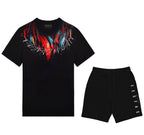 Bộ áo thun và quần short FesFas in hình lông vũ đỏ