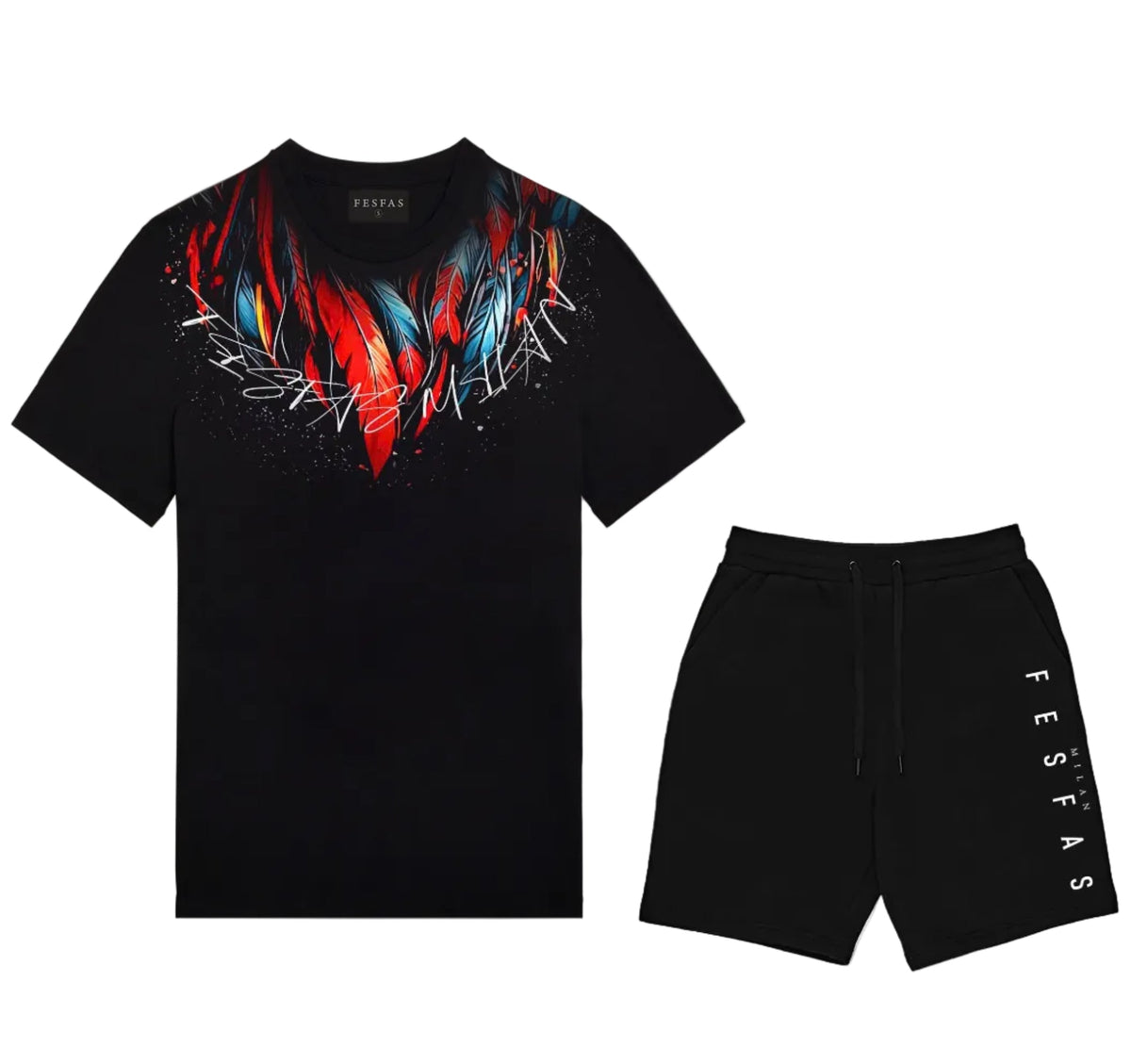 Bộ áo thun và quần short FesFas in hình lông vũ đỏ