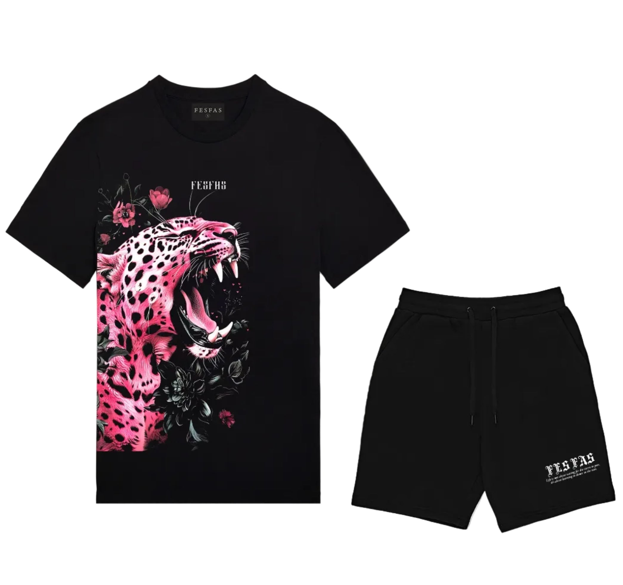 Bộ áo thun và quần short FesFas in hình báo đốm hồng