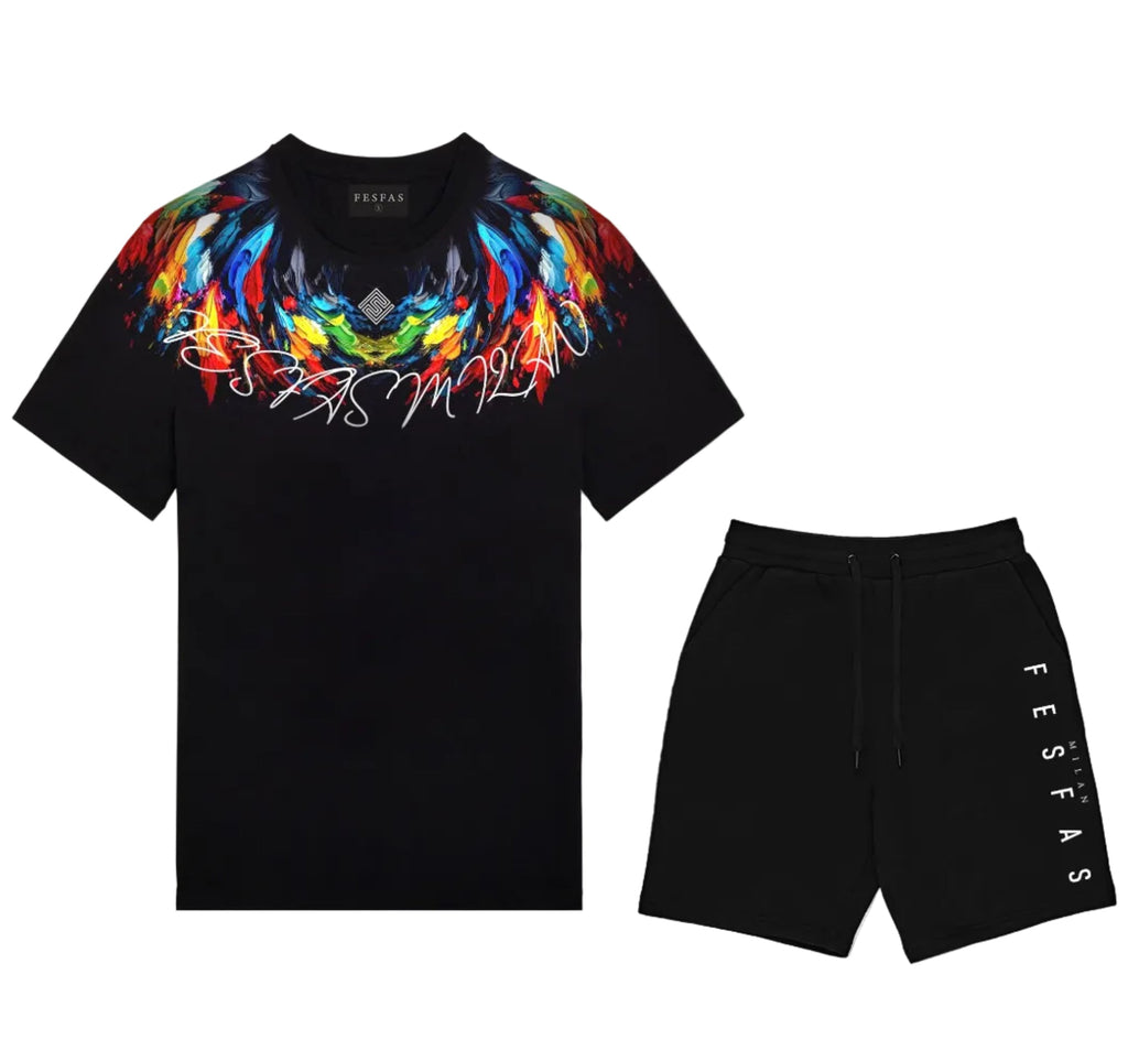 Bộ áo thun và quần short FesFas in hình lông vũ đa sắc