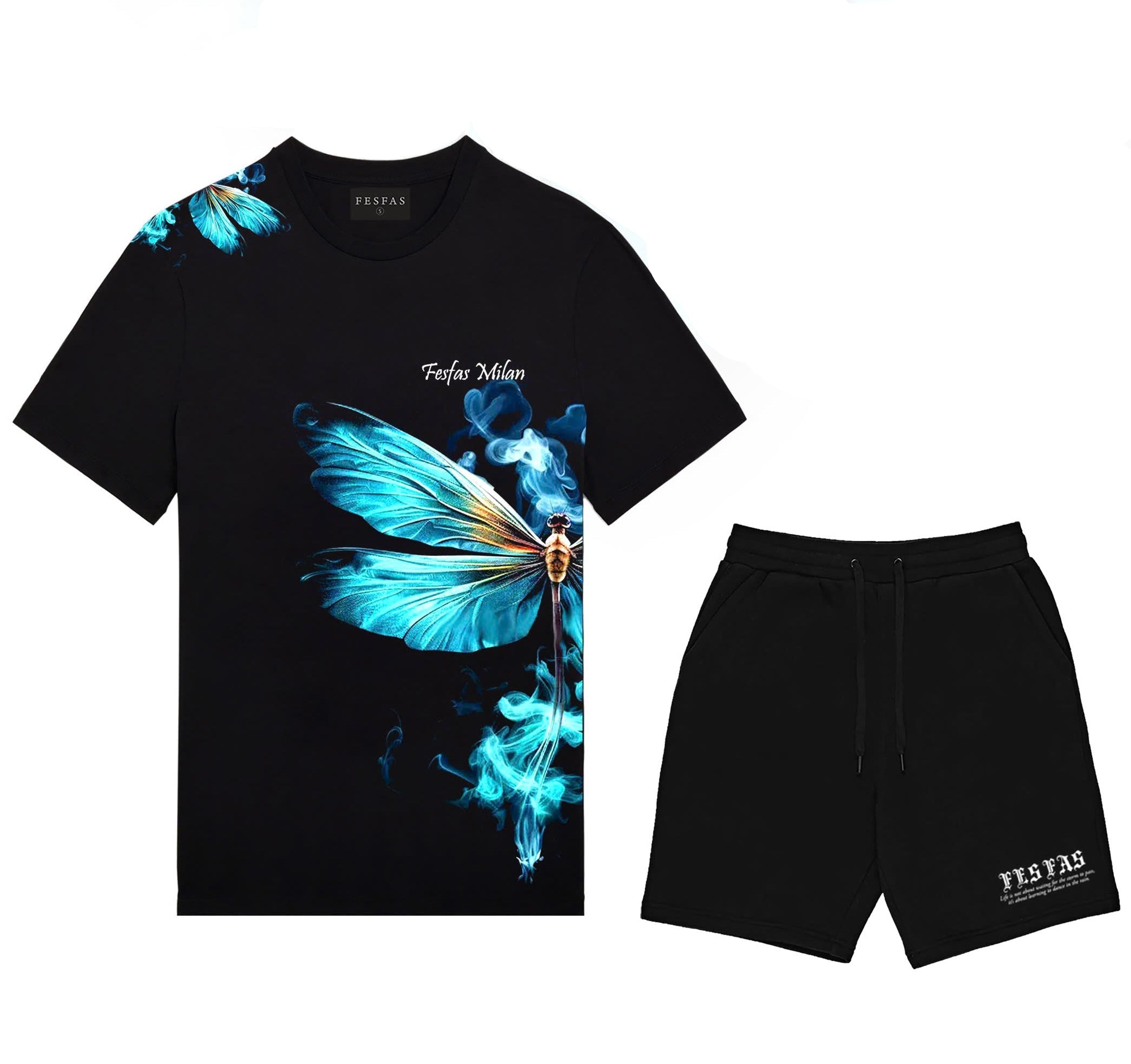 Bộ áo thun và quần short FesFas in hình xanh chuồn chuồn