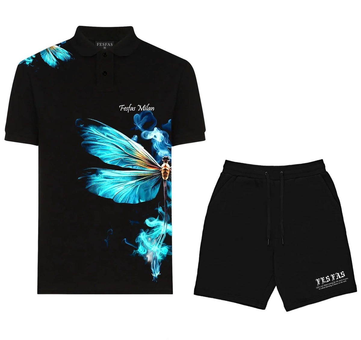 Bộ áo polo và quần short FesFas in hình xanh chuồn chuồn