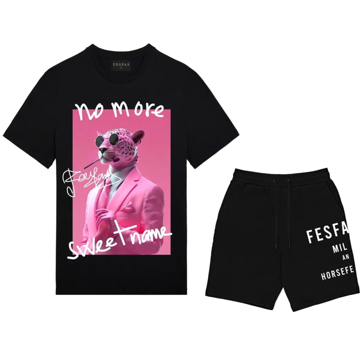 Bộ áo thun và quần short FesFas in hình báo đen