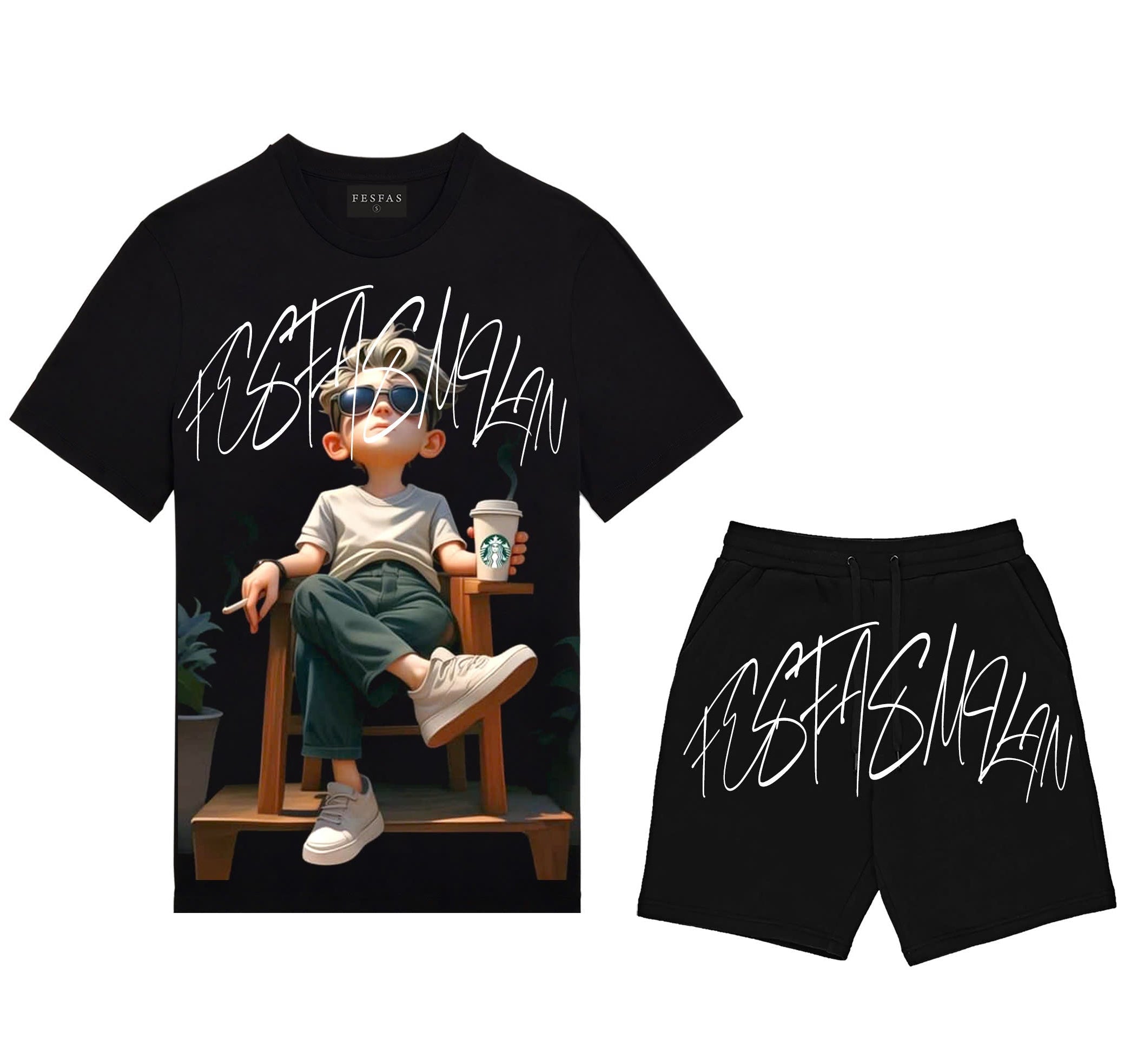 Bộ áo thun và quần short FesFas in hình chàng trai thư thái