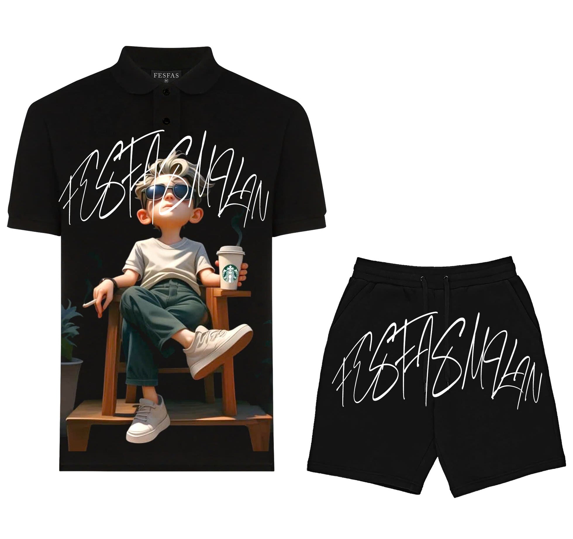 Bộ áo polo và quần short FesFas in hình chàng trai thư thái