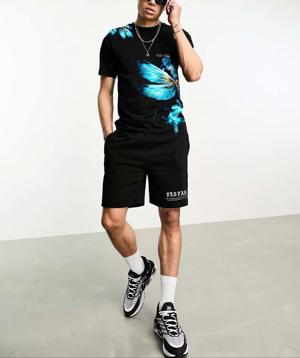 Bộ áo thun và quần short FesFas in hình xanh chuồn chuồn