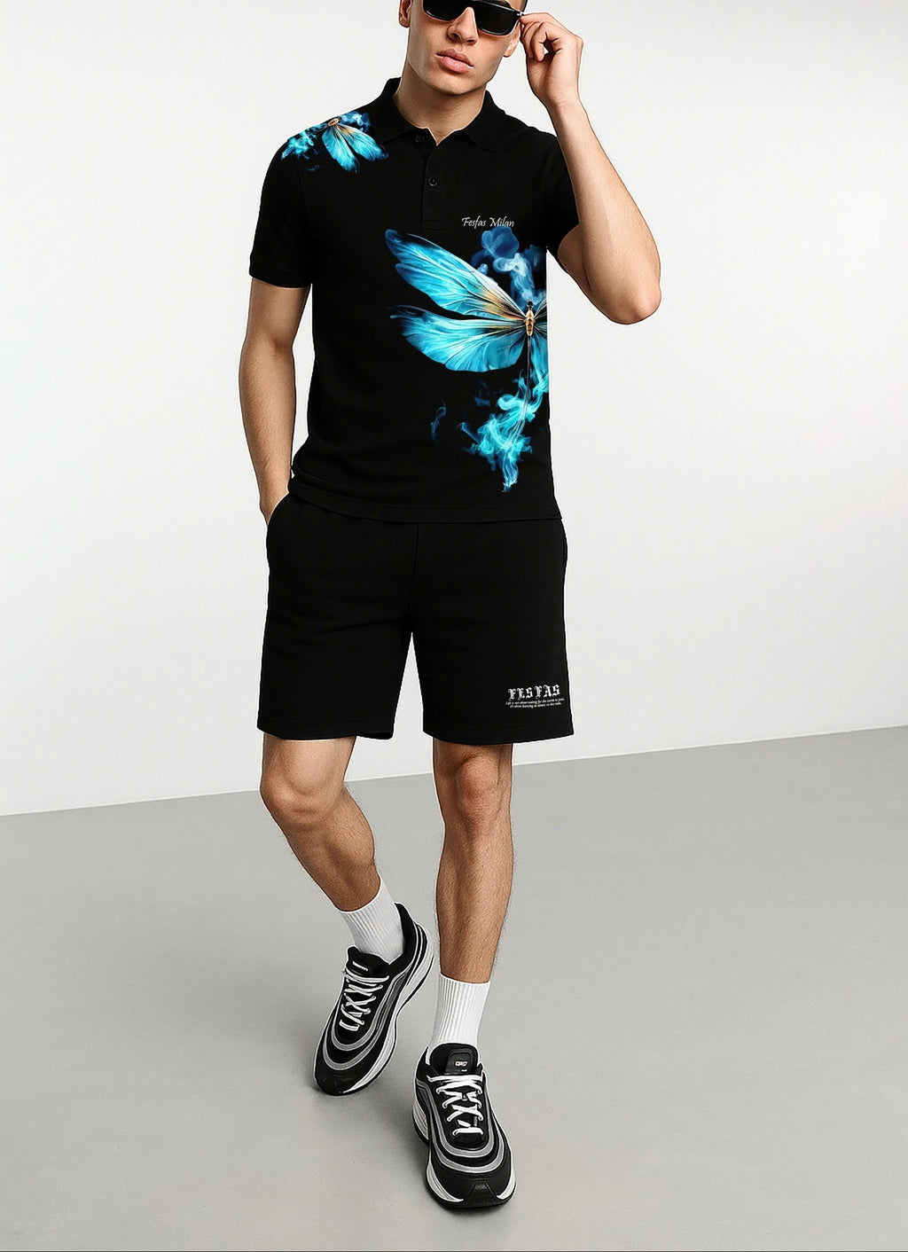 Bộ áo polo và quần short FesFas in hình xanh chuồn chuồn