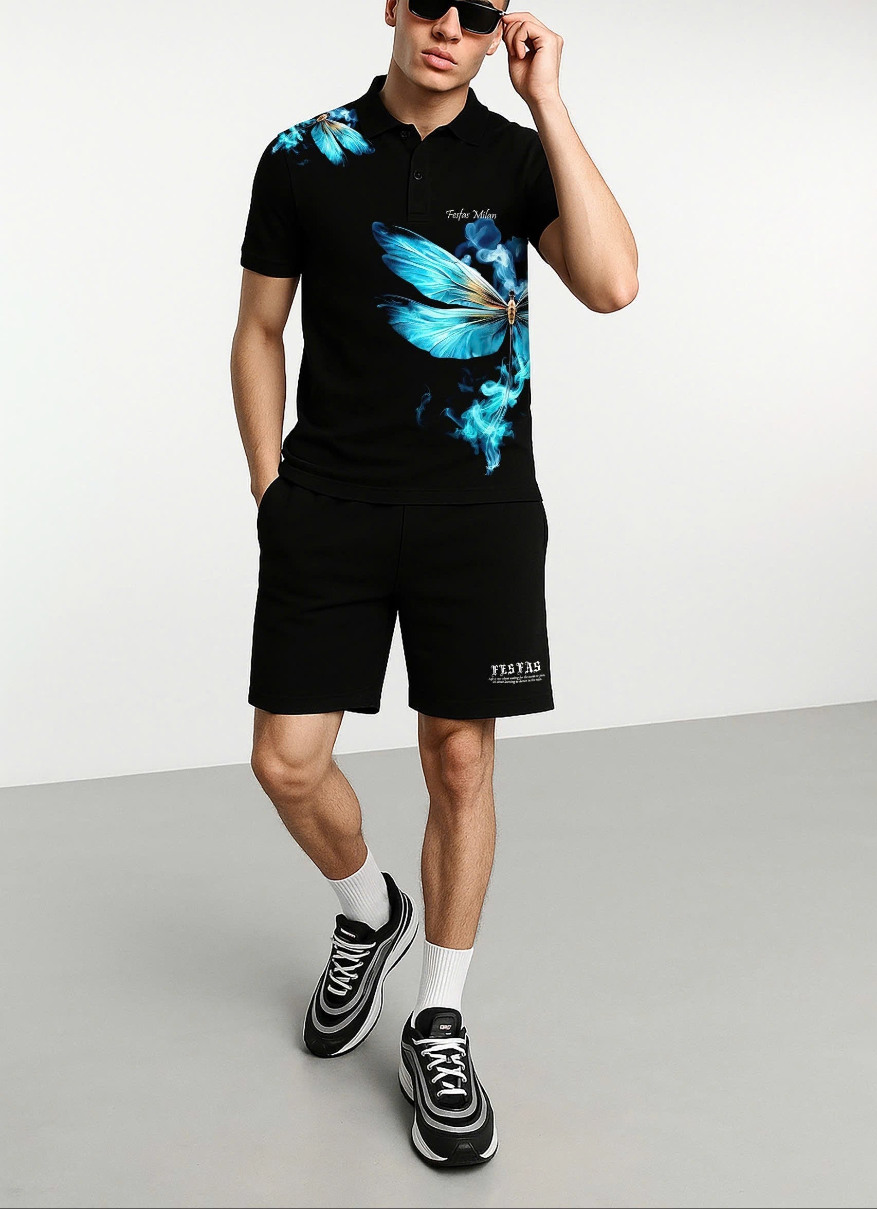 Bộ áo polo và quần short FesFas in hình xanh chuồn chuồn