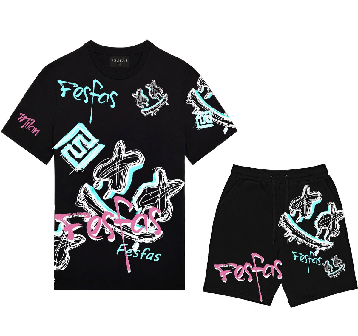 Bộ áo thun và quần short FesFas in hình họa tiết