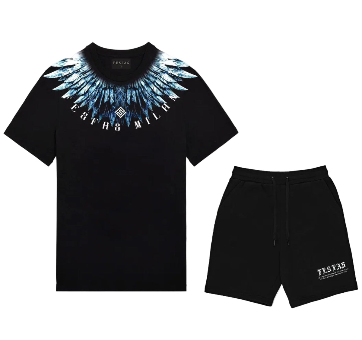 Bộ áo thun và quần short FesFas in hình lông vũ xanh