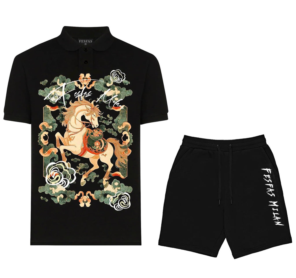 Bộ áo polo và quần short FesFas in hình ngựa mây