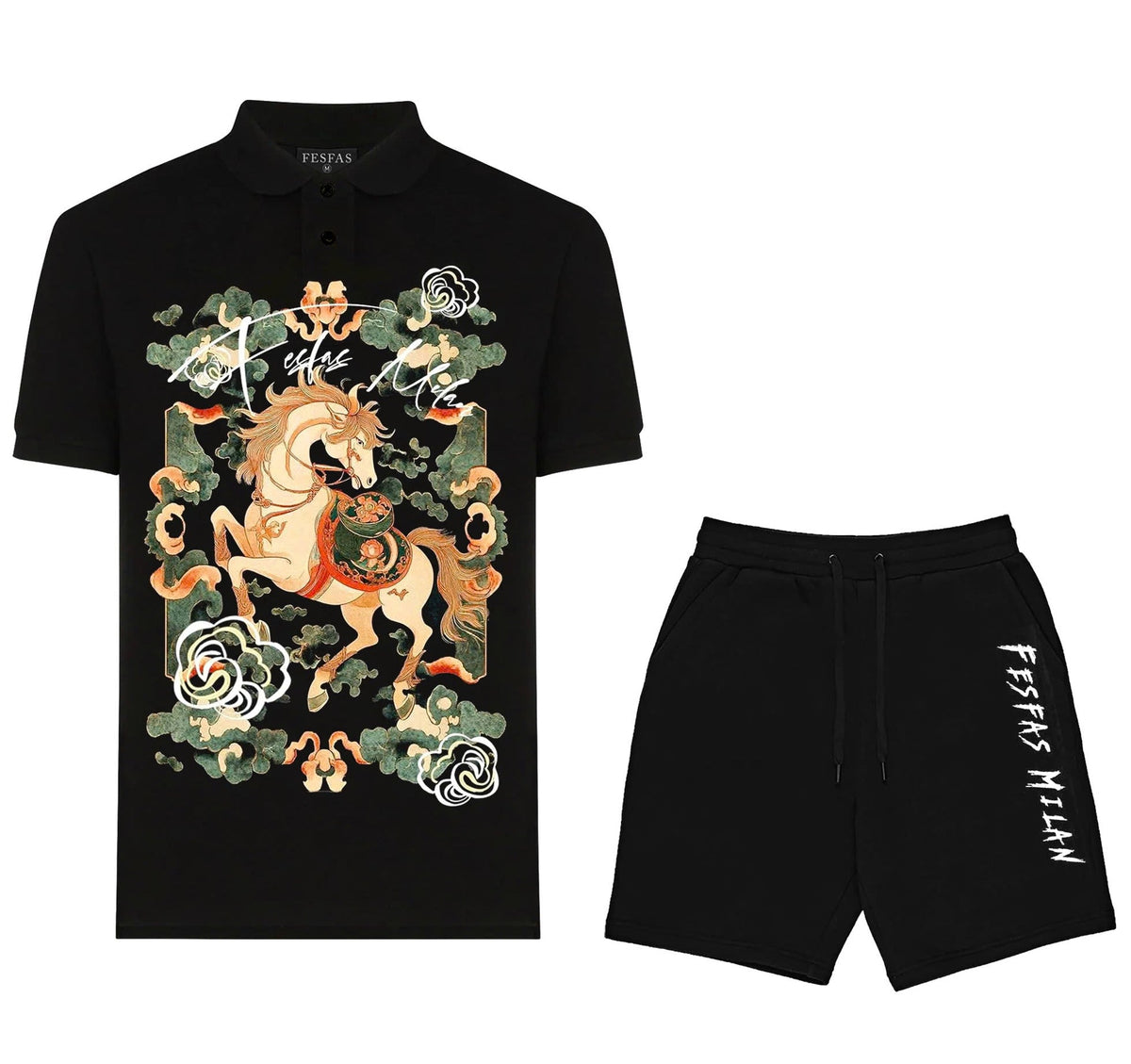 Bộ áo polo và quần short FesFas in hình ngựa mây