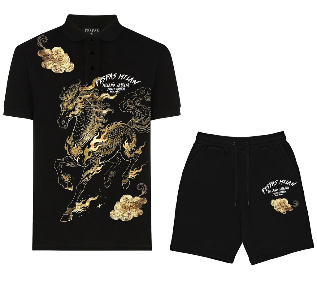 Bộ áo polo và quần short FesFas in hình ngựa vàng