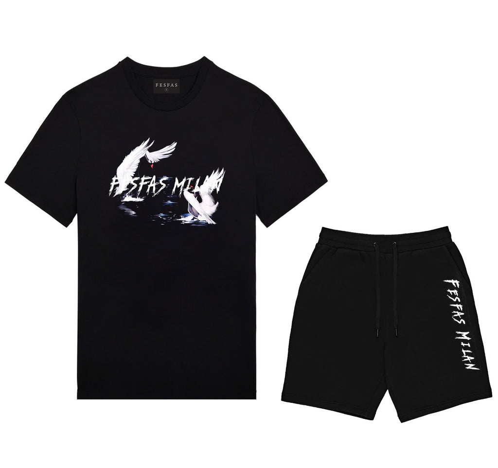 Bộ áo thun và quần short FesFas in hình trắng hạc