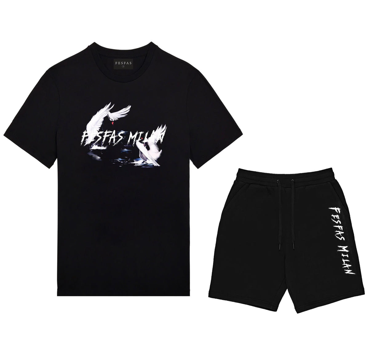 Bộ áo thun và quần short FesFas in hình trắng hạc