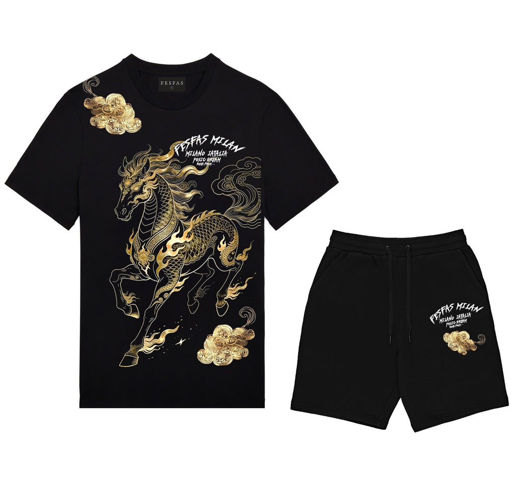 Bộ áo thun và quần short FesFas in hình ngựa vàng