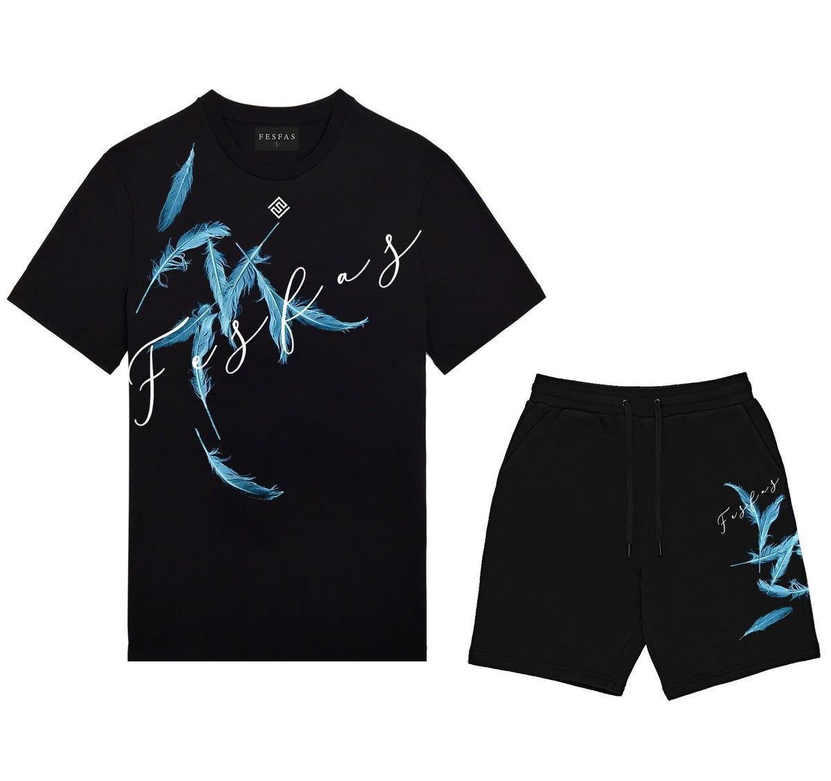 Bộ áo thun và quần short FesFas in hình lông vũ