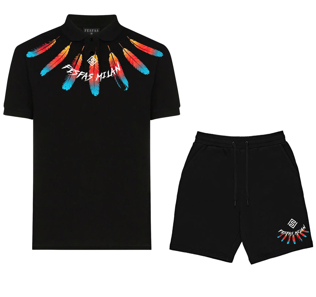 Bộ áo polo và quần short FesFas in hình lông vũ