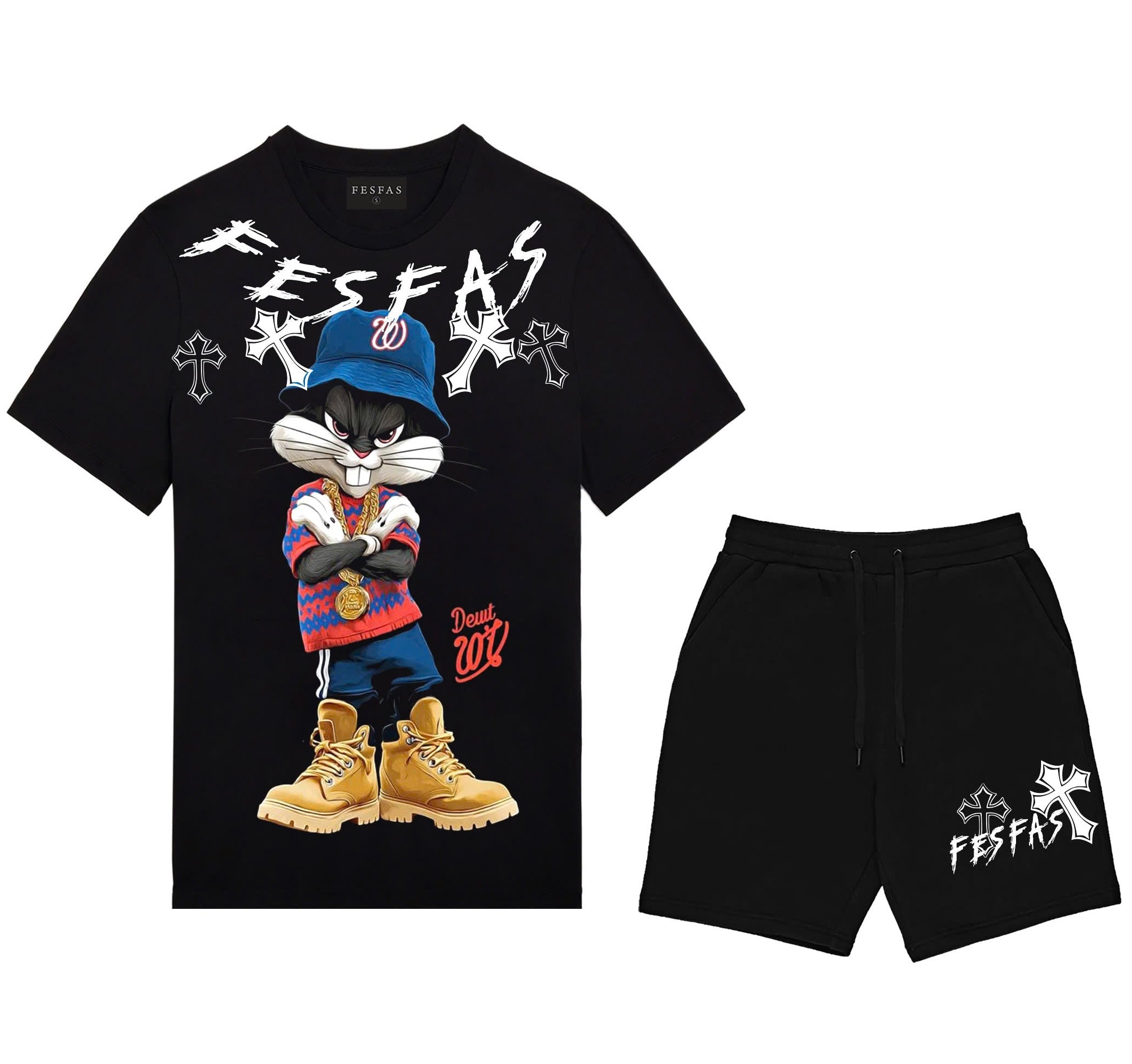 Bộ áo thun và quần short FesFas in hình xanh cap thỏ
