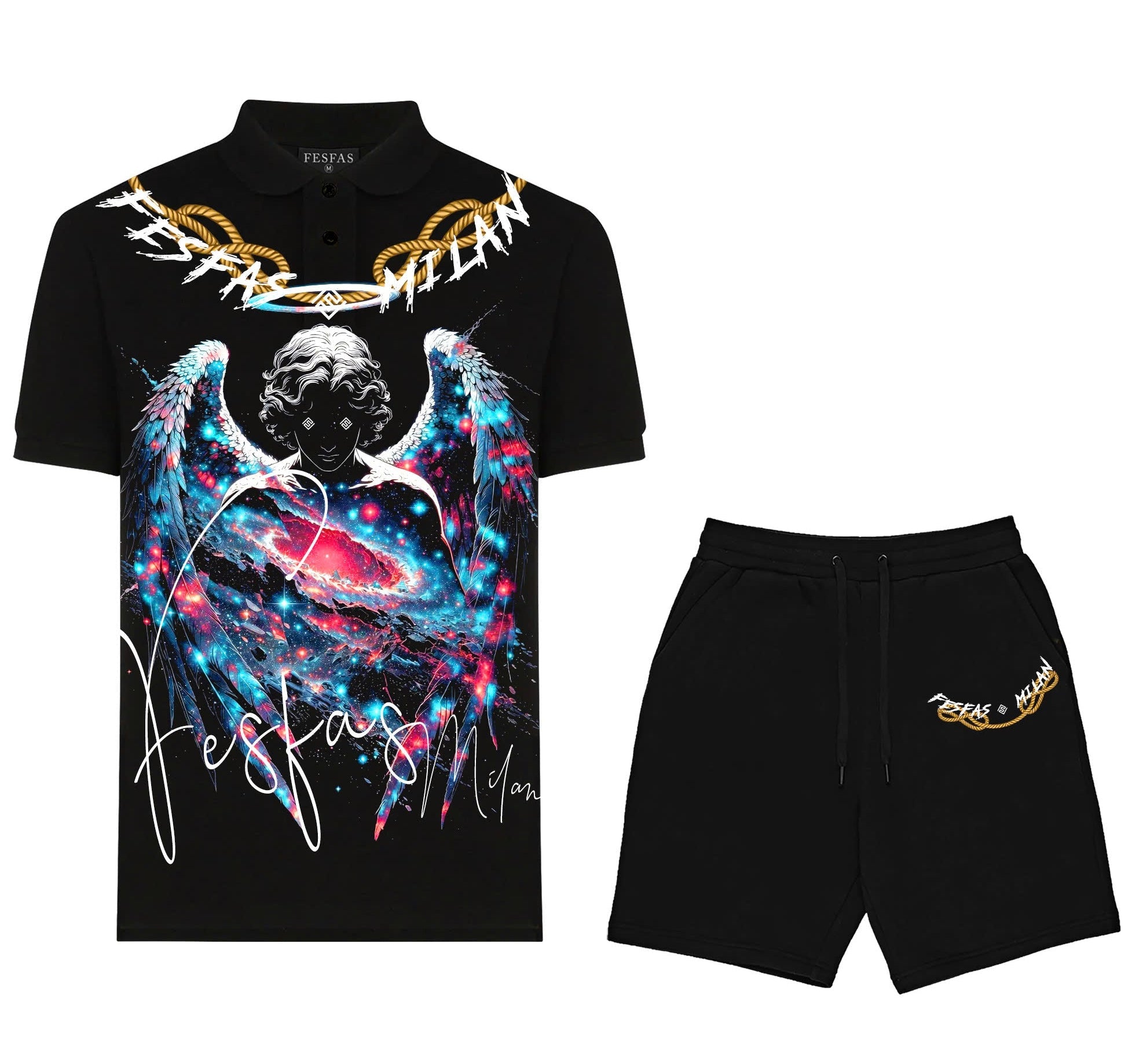 Bộ áo polo và quần short FesFas in hình đôi cánh thiên thần