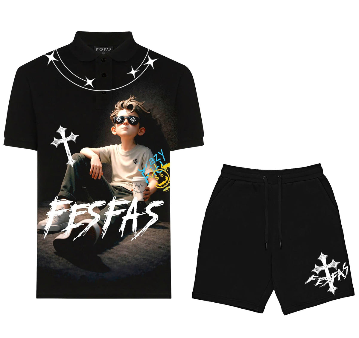 Bộ áo polo và quần short FesFas in hình chàng trai thư thái