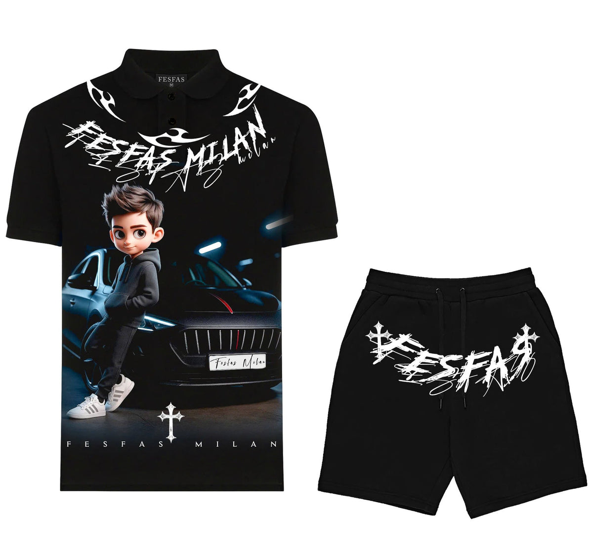Bộ áo polo và quần short FesFas in hình chàng trai đua xe