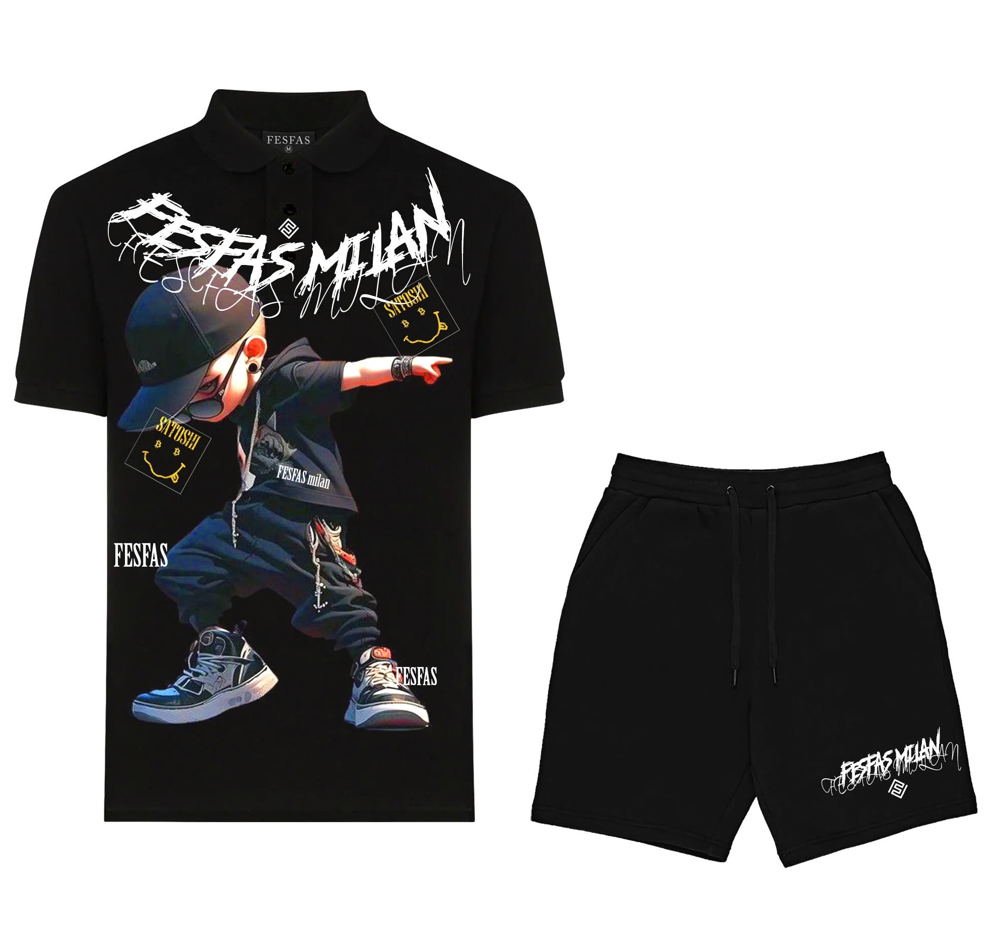 Bộ áo polo và quần short FesFas in hình chàng trai hip-hop