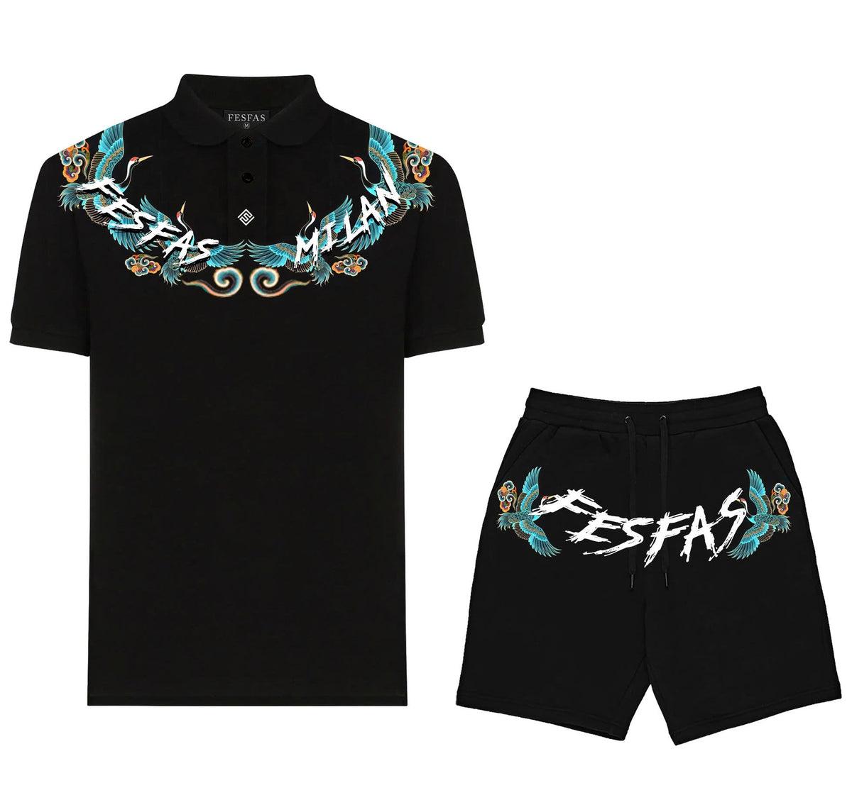 Bộ áo polo và quần short FesFas in hình xanh hạc