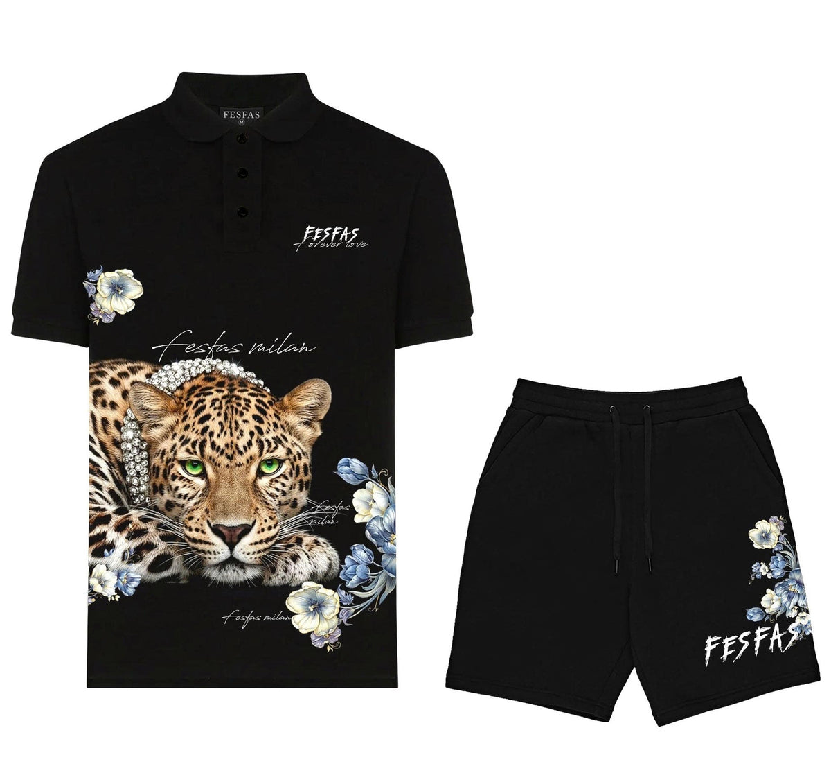 Bộ áo polo và quần short FesFas in hình báo đốm