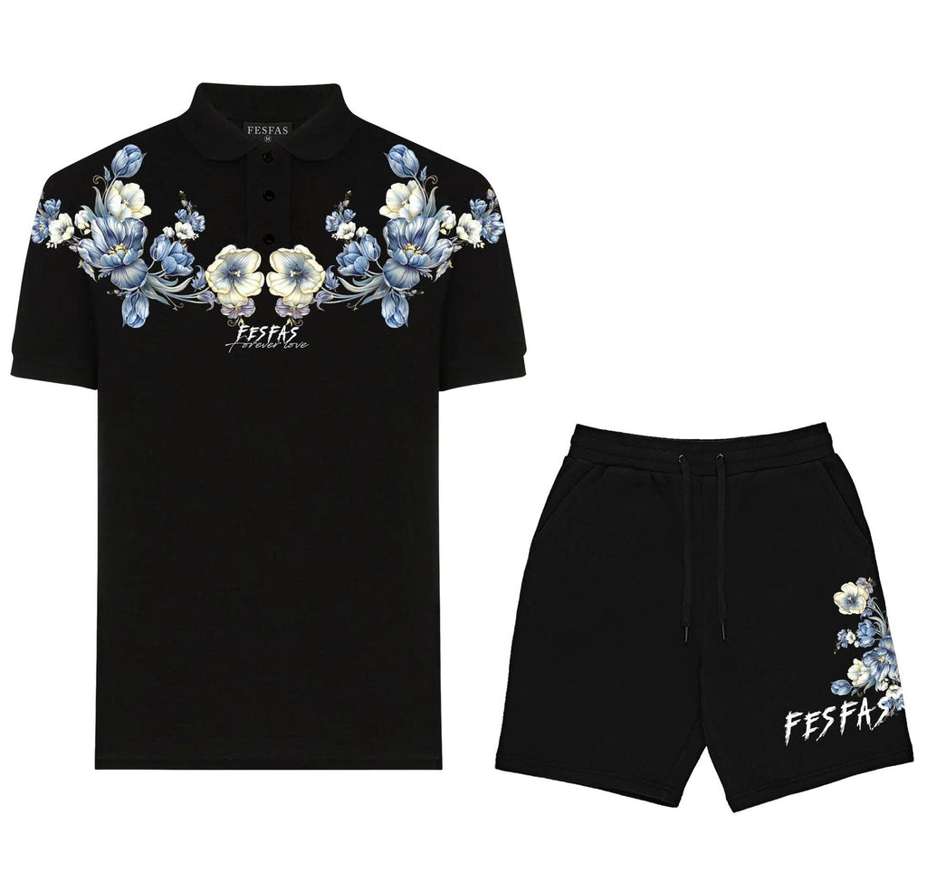 Bộ áo polo và quần short FesFas in hình xanh hoa