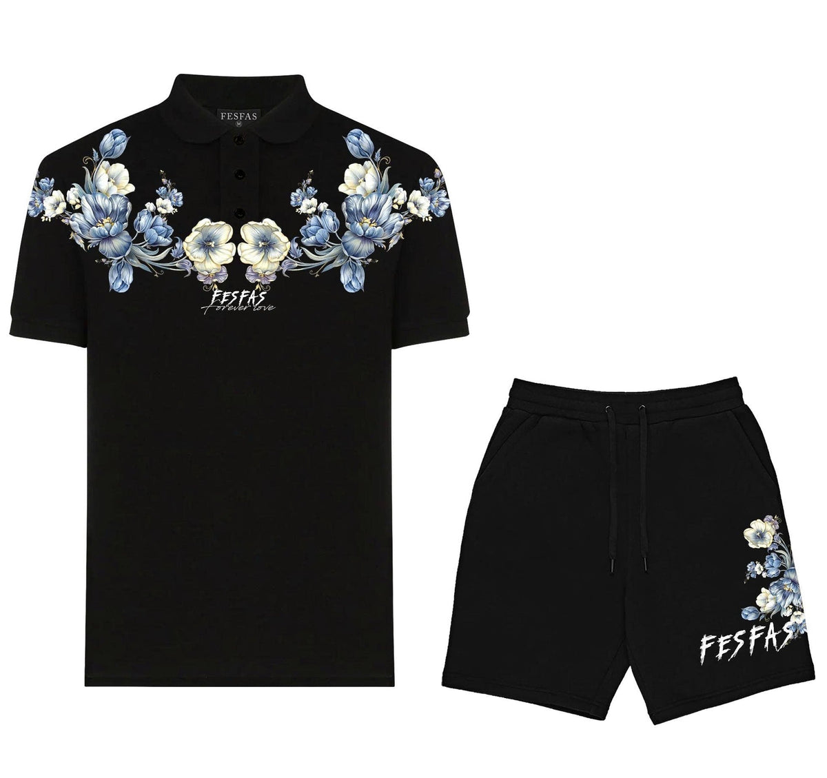 Bộ áo polo và quần short FesFas in hình xanh hoa