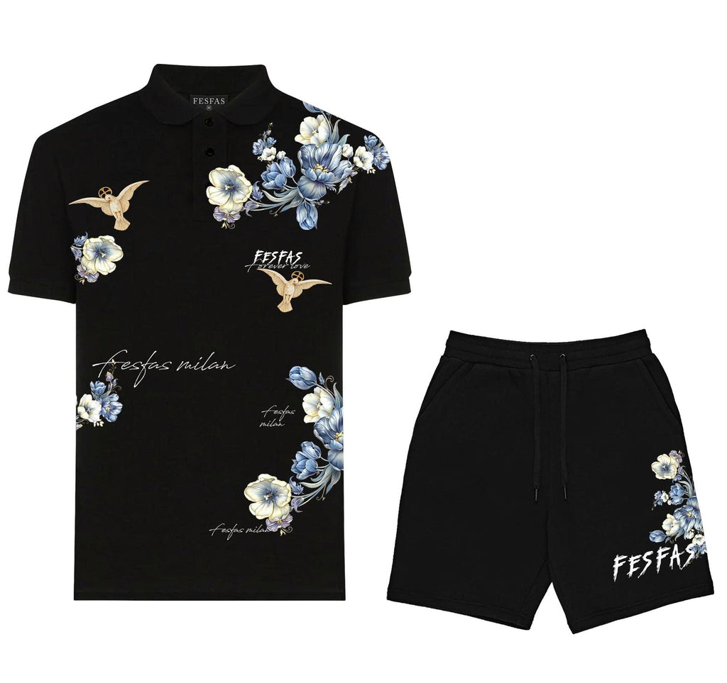 Bộ áo polo và quần short FesFas in hình xanh hoa