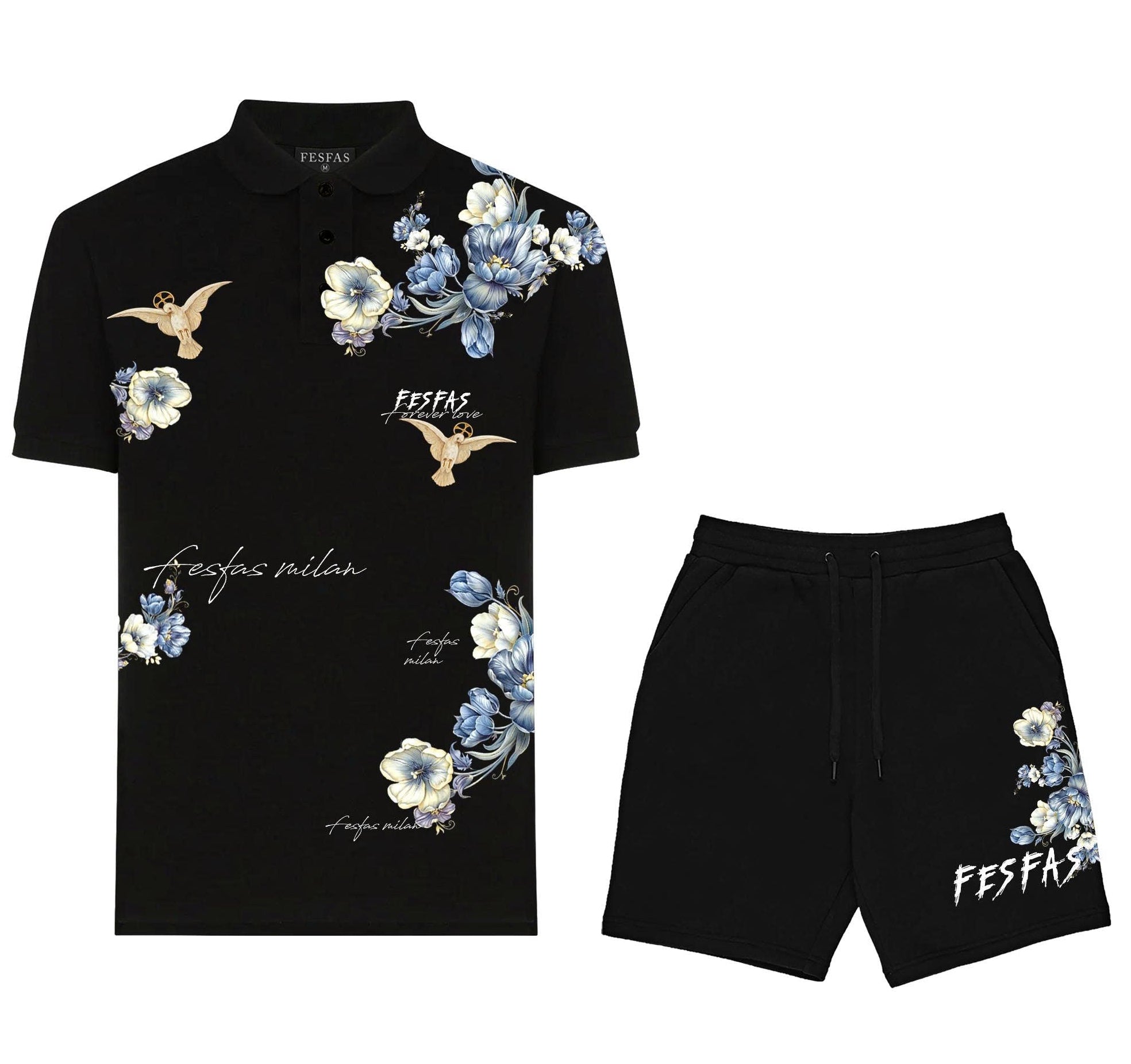 Bộ áo polo và quần short FesFas in hình xanh hoa