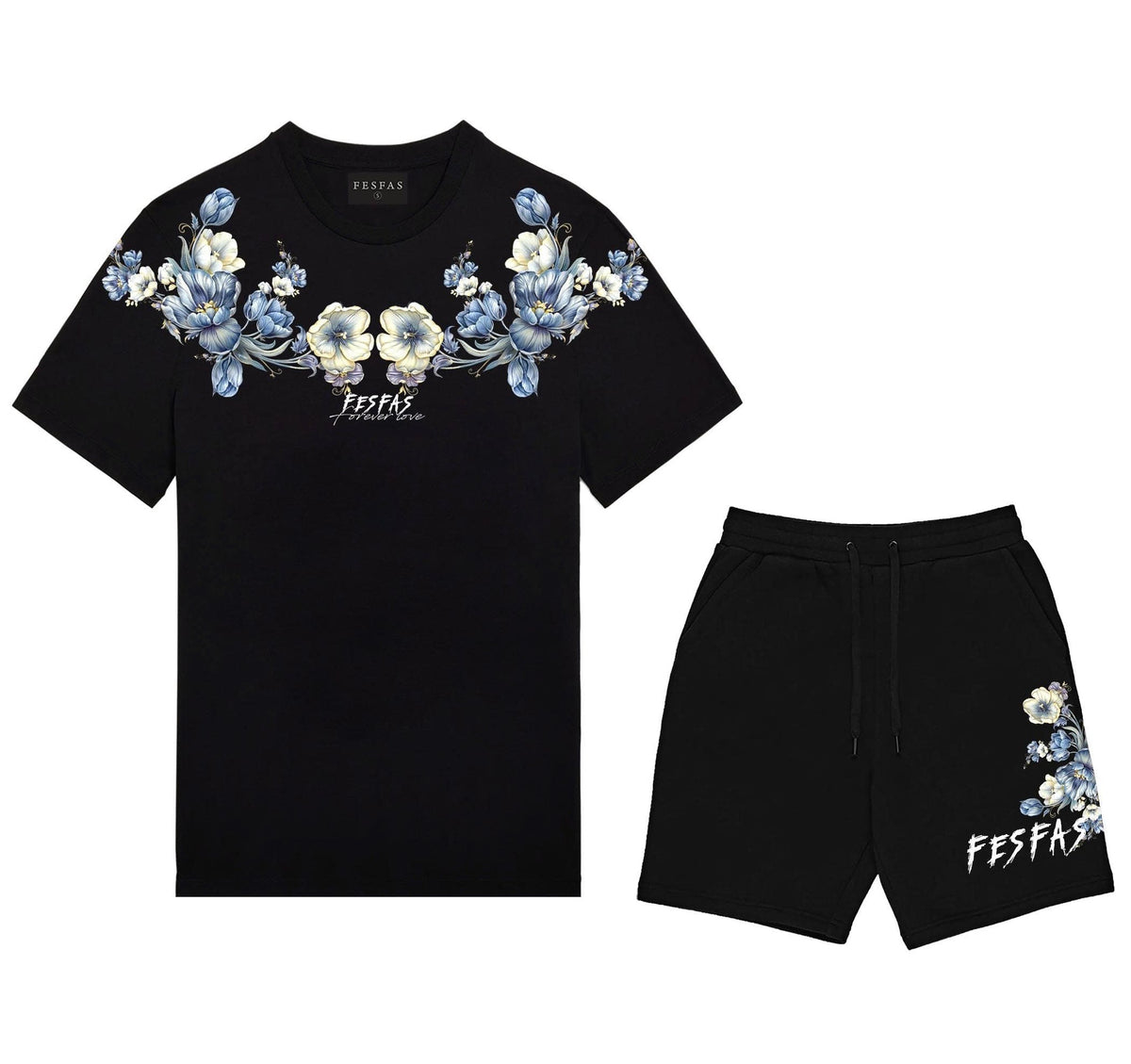 Bộ áo thun và quần short FesFas in hình xanh hoa