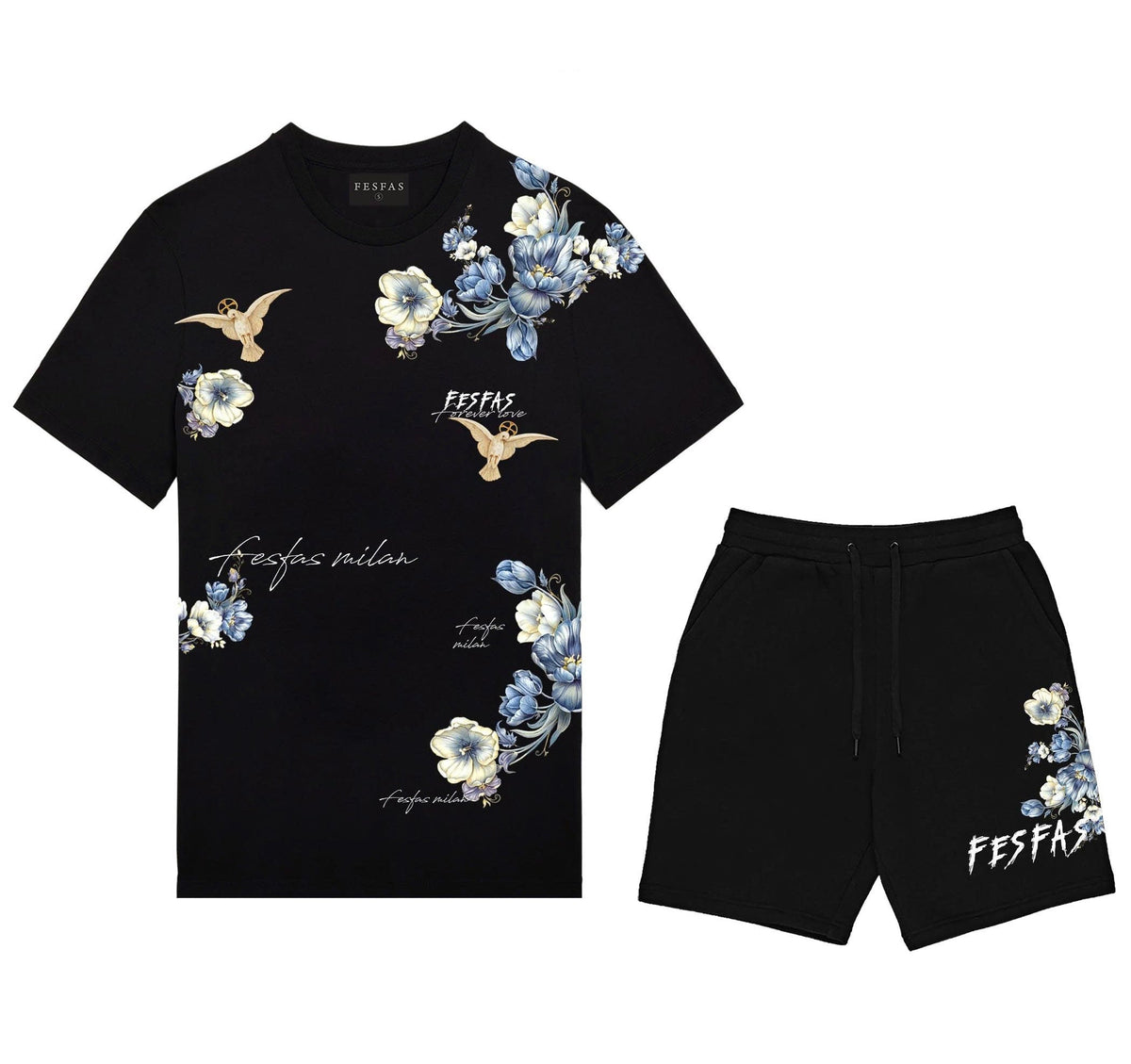 Bộ áo thun và quần short FesFas in hình xanh hoa