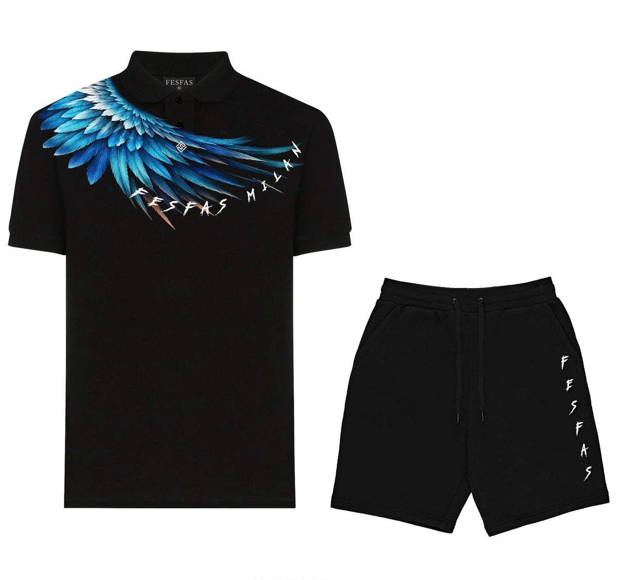 Bộ áo polo và quần short FesFas in hình đôi cánh xanh