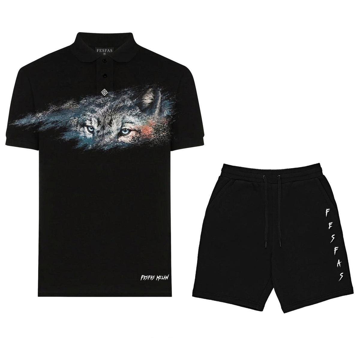 Bộ áo polo và quần short FesFas in hình ánh nhìn sói
