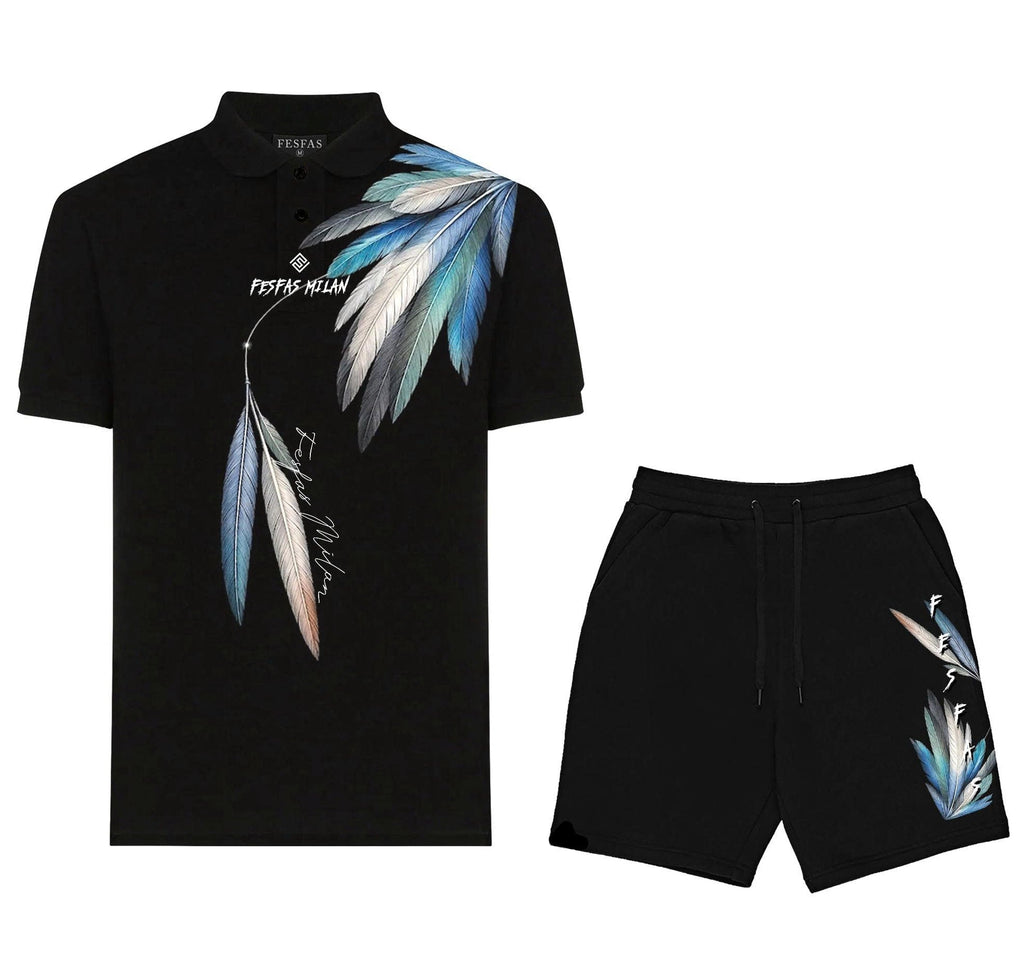 Bộ áo polo và quần short FesFas in hình lông vũ xanh