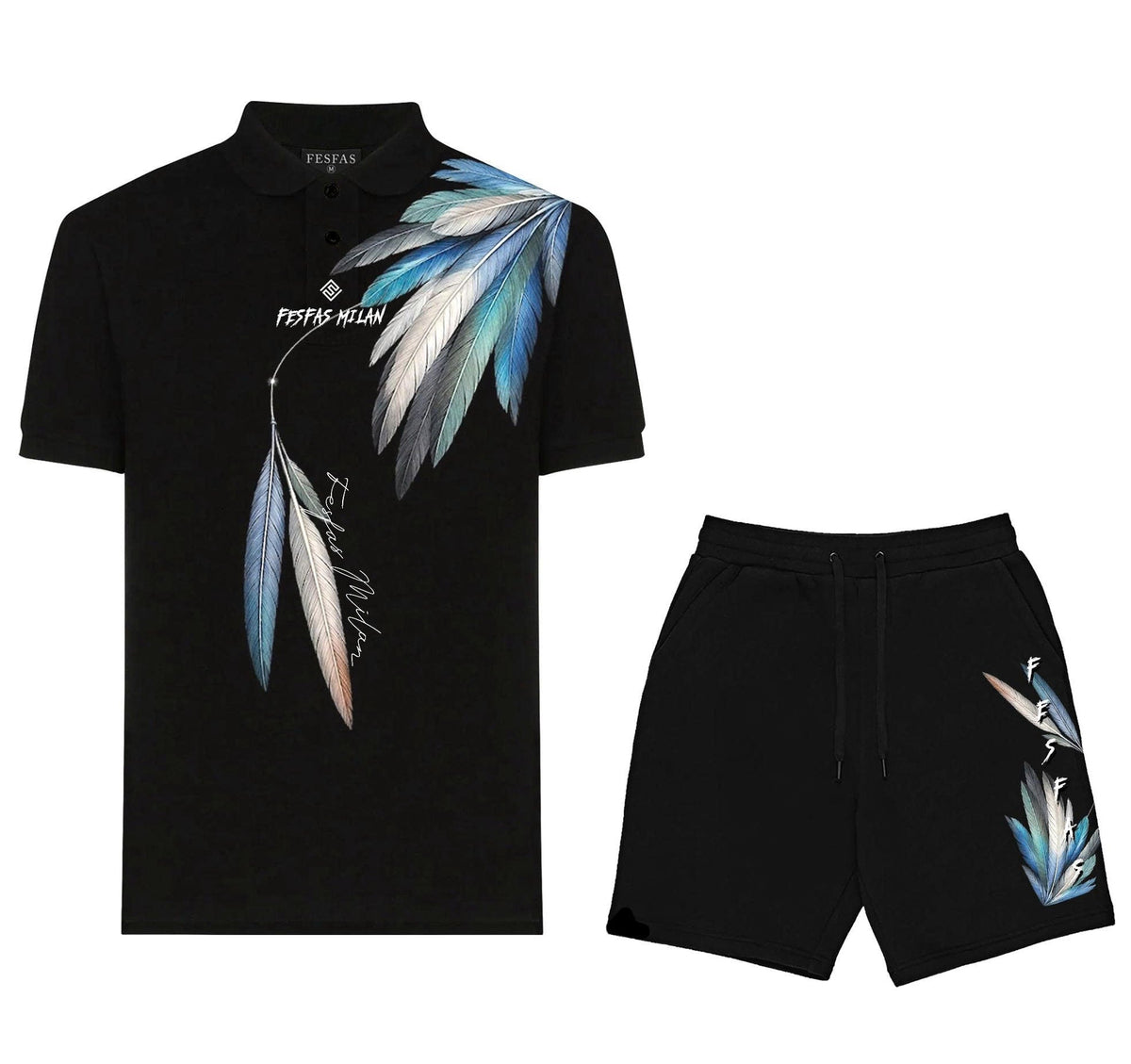 Bộ áo polo và quần short FesFas in hình lông vũ xanh