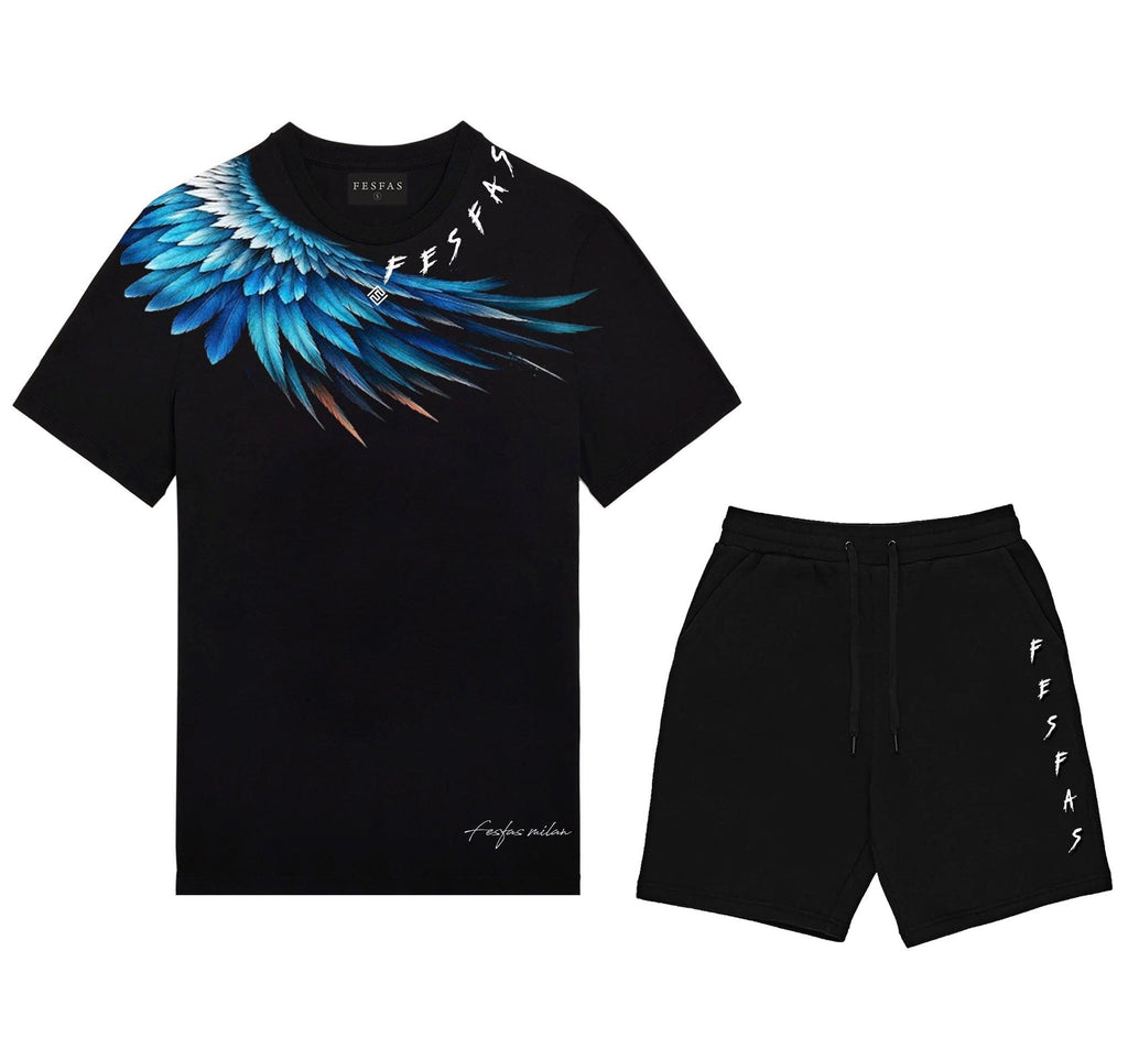 Bộ áo thun và quần short FesFas in hình đôi cánh xanh