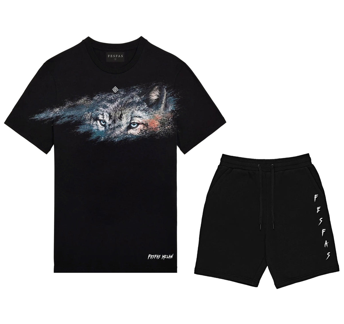 Bộ áo thun và quần short FesFas in hình ánh nhìn sói
